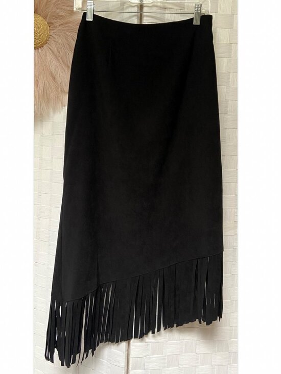 Denim&Co Dresses & Skirts - Denim & Co Black Velvet Faux Suede Fringe Trim Midi Skirt Size S